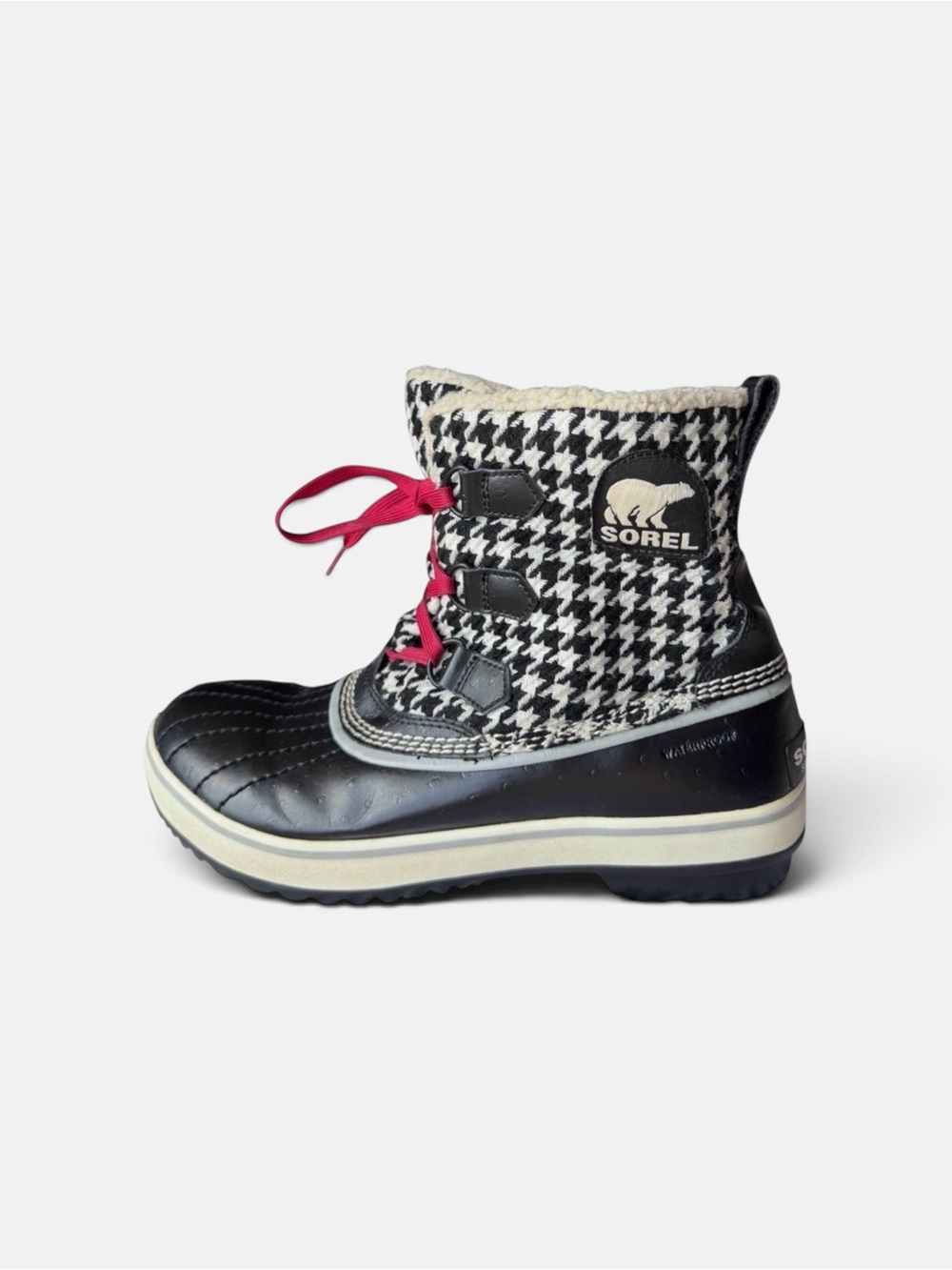Sorel Tofino Houndstooth Waterproof Snow Boots Women 9 Black White Red Lace